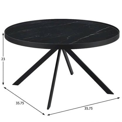Round Black Glass Top Coffee Table with Marble Print and Leveler Design