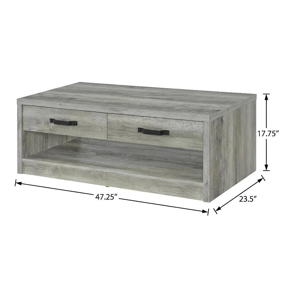 Grey Driftwood Rectangular Coffee Table with 2 Drawers and Black Finish