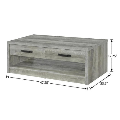 Grey Driftwood Rectangular Coffee Table with 2 Drawers and Black Finish
