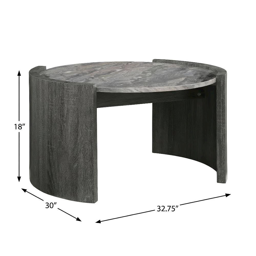 Round Coffee Table Distressed Grey Faux Marble Top Contemporary Style