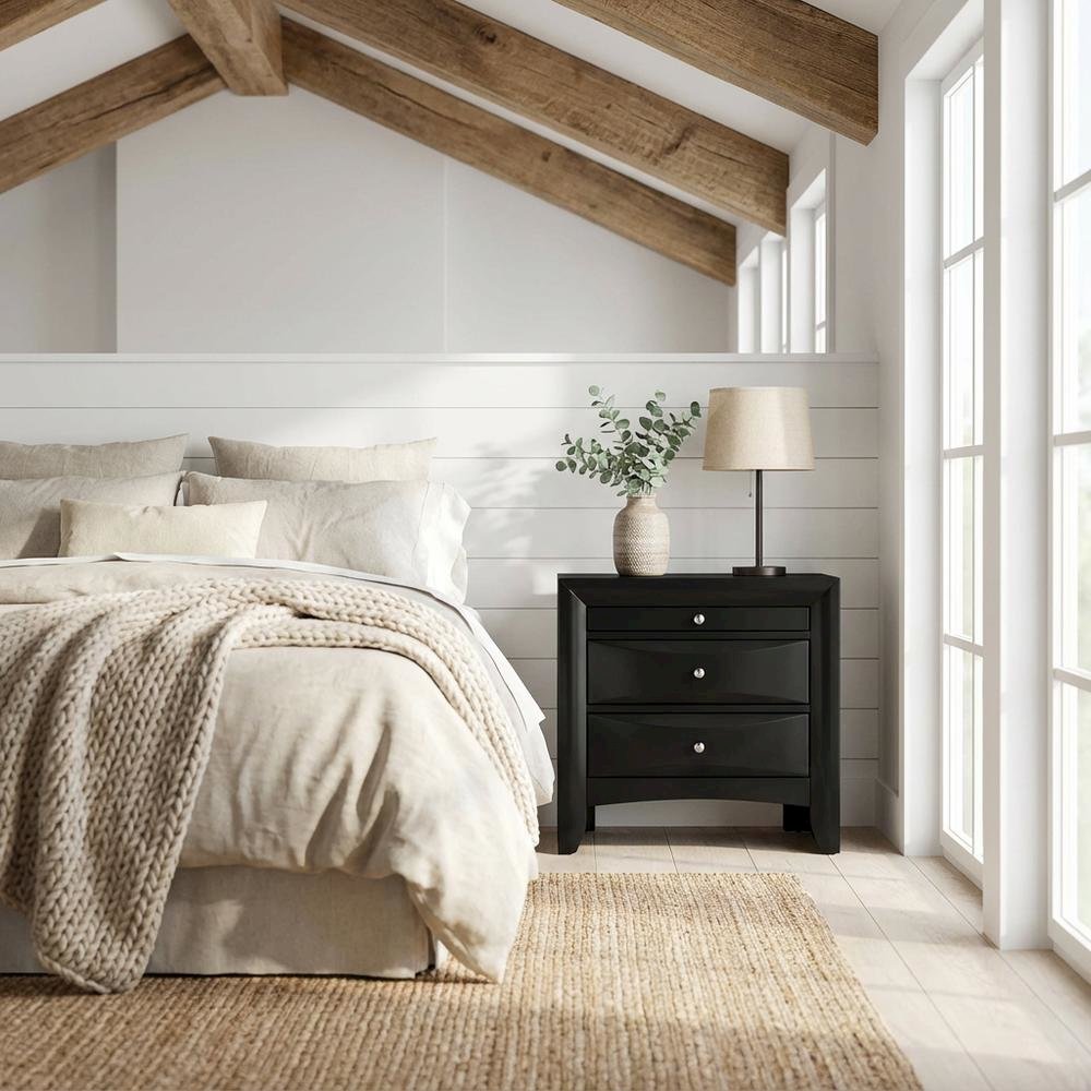 Black Transitional Nightstand with Brushed Nickel Accents and Sleek Design