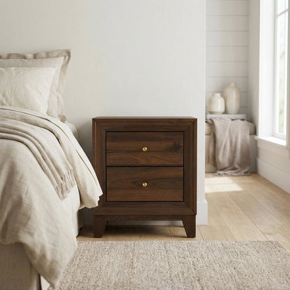 Walnut Nightstand with 2 Drawers and Brass Finish for Bedroom Storage