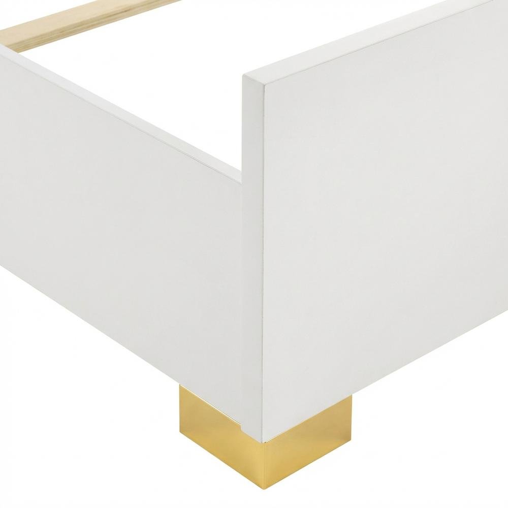 White Twin LED Panel Bed with Gold Metal Legs and Batten Slats