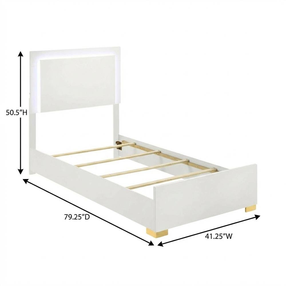 White Twin LED Panel Bed with Gold Metal Legs and Batten Slats