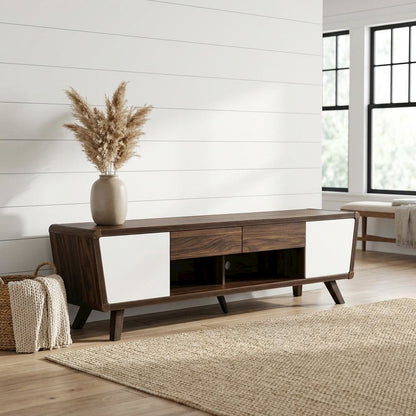 Dark Walnut 2-Door TV Stand, Engineered Wood Frame, Mid-Century Modern Style