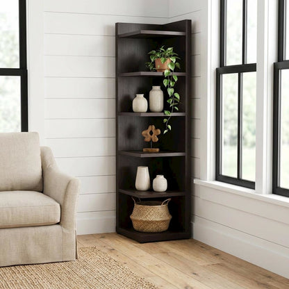 Corner Bookcase with 6 Shelves, Cappuccino Finish for Transitional Style Storage