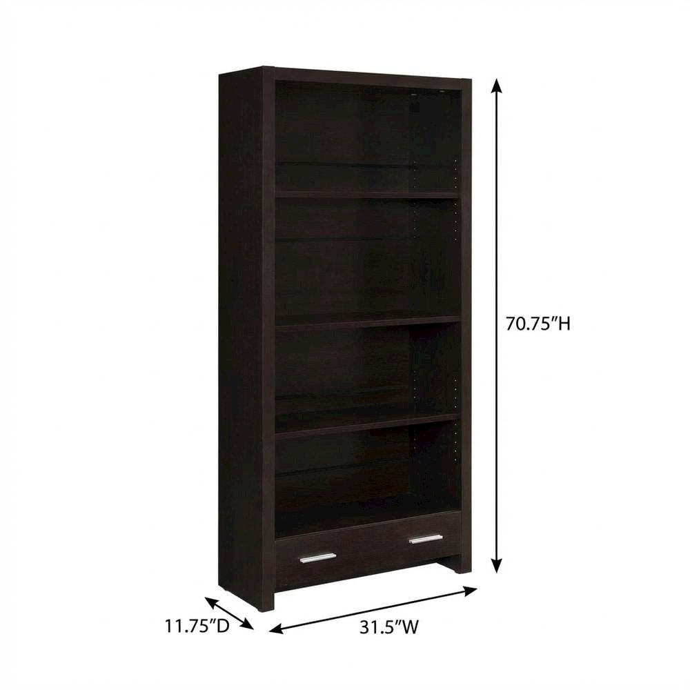 Brown 5-Shelf Bookcase with Drawer and Transitional Design
