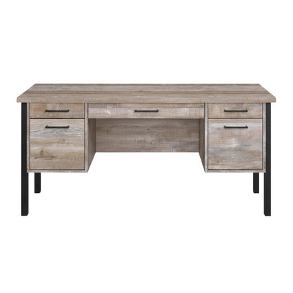 Weathered Oak 60-Inch Office Desk With 4 Drawers, Farmhouse Style For Workspace