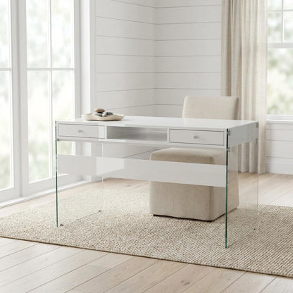 White High Gloss 48-Inch Office Desk With 2 Drawers, Contemporary Style