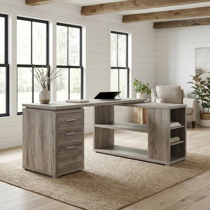Grey Driftwood L-Shape Computer Desk With 3 Drawers And Transitional Style
