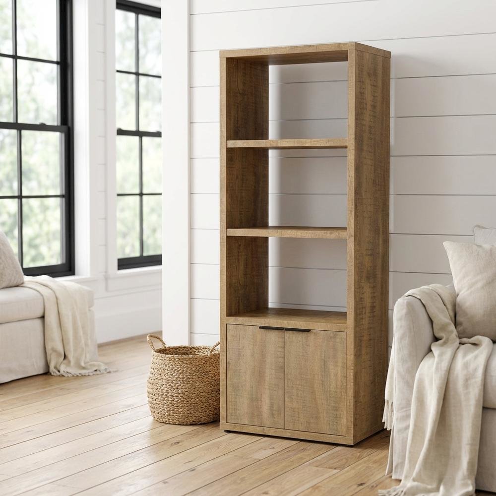Farmhouse Style Brown Wood Media Tower With 3 Shelves For Living Room Storage