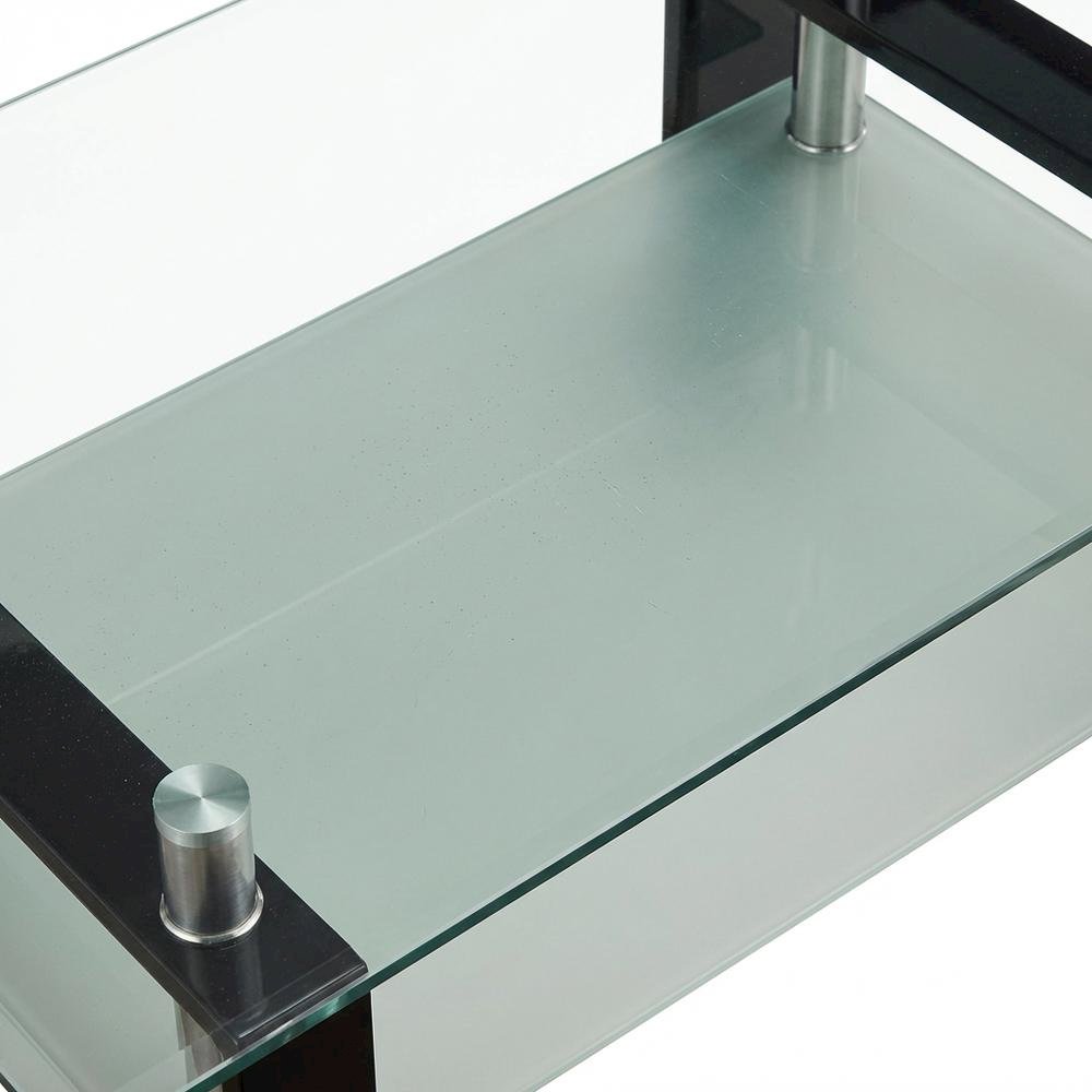 Rectangular Black Glass Top Coffee Table with 1 Shelf for Living Room