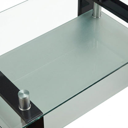 Rectangular Black Glass Top Coffee Table with 1 Shelf for Living Room