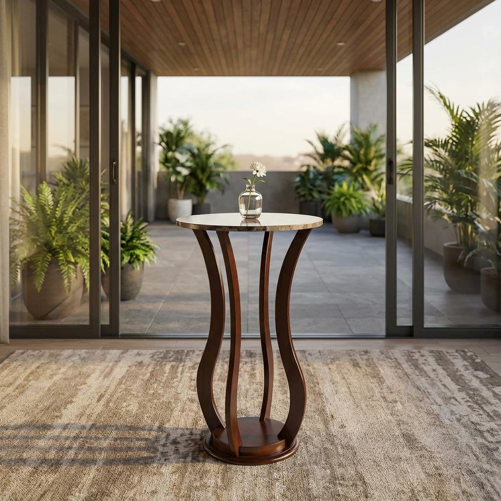Brown Pedestal 18 Inch Side Table - Faux Marble End Table for Living Room Accent