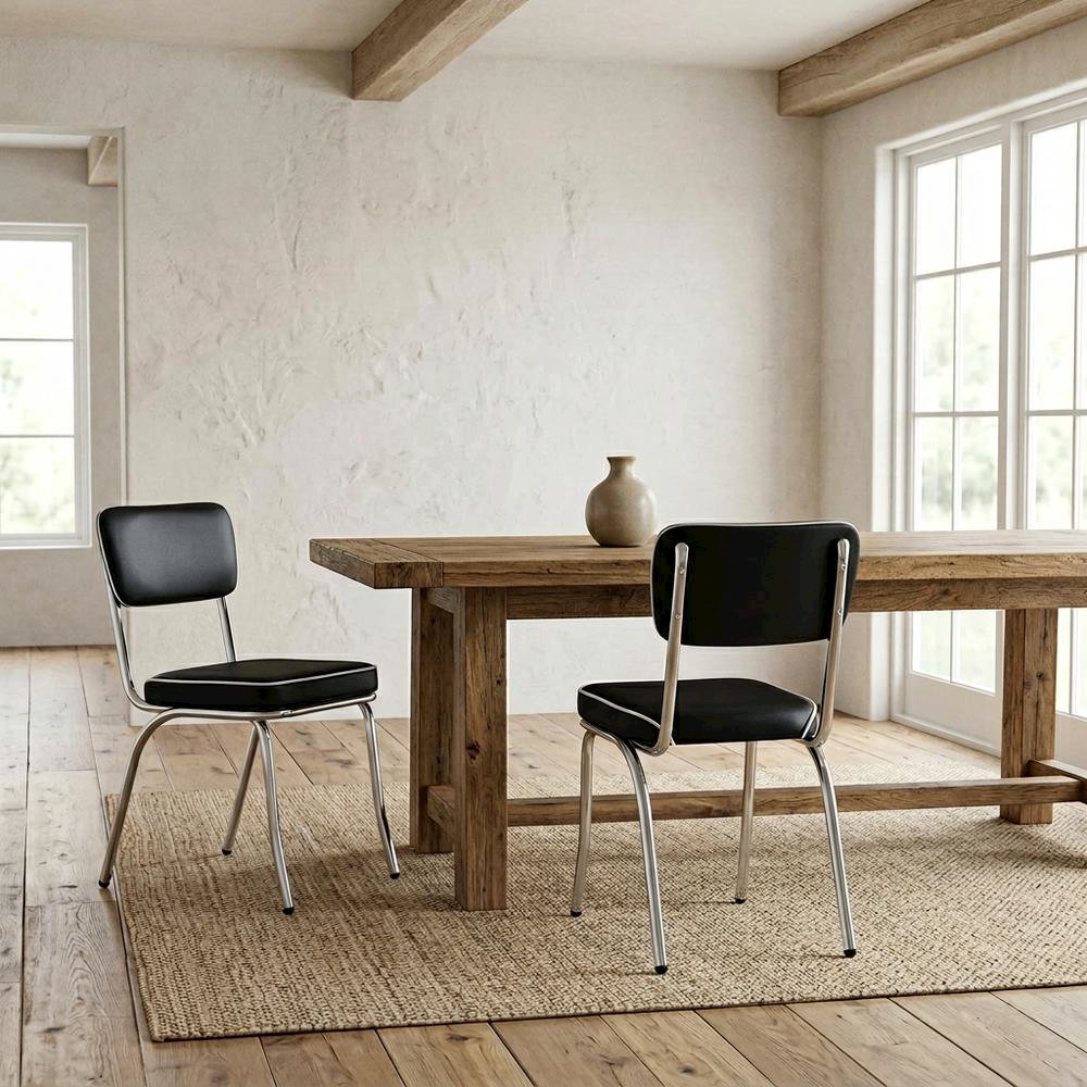 Set of 2 Stylish Black and Chrome Dining Chairs Inspired by Retro Diner Design