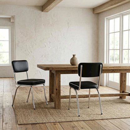 Set of 2 Stylish Black and Chrome Dining Chairs Inspired by Retro Diner Design