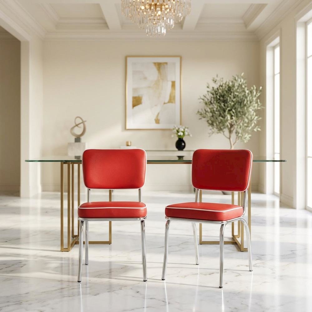 Set of 2 Upholstered Dining Chairs in Red with Chrome Legs for Dining
