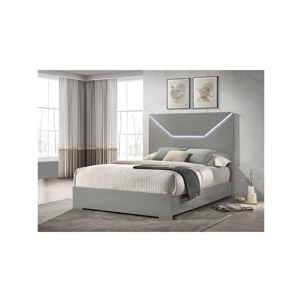 Ives Eastern King Panel Bed LED Headboard Grey High Gloss