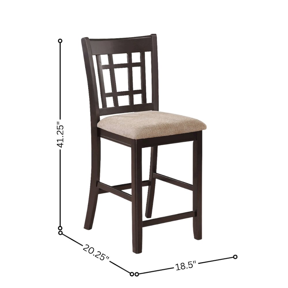 Brown Wood Counter Stool Set of 2 with Lattice Back Design and Upholstered Seats