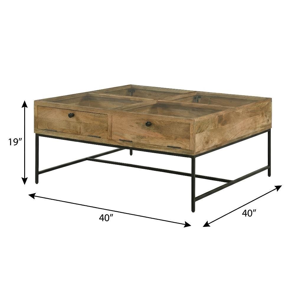 Brown Square Coffee Table with Honey Brown Wood Finish and 4 Drawers for Storage