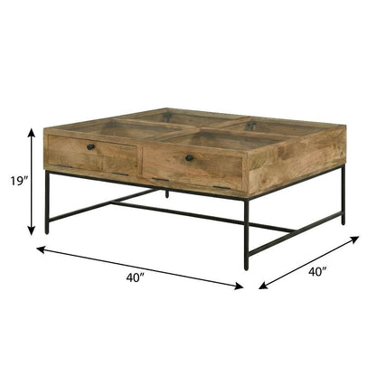 Brown Square Coffee Table with Honey Brown Wood Finish and 4 Drawers for Storage