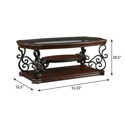 Deep Merlot Rectangular Coffee Table with One Shelf and Glass Top Design