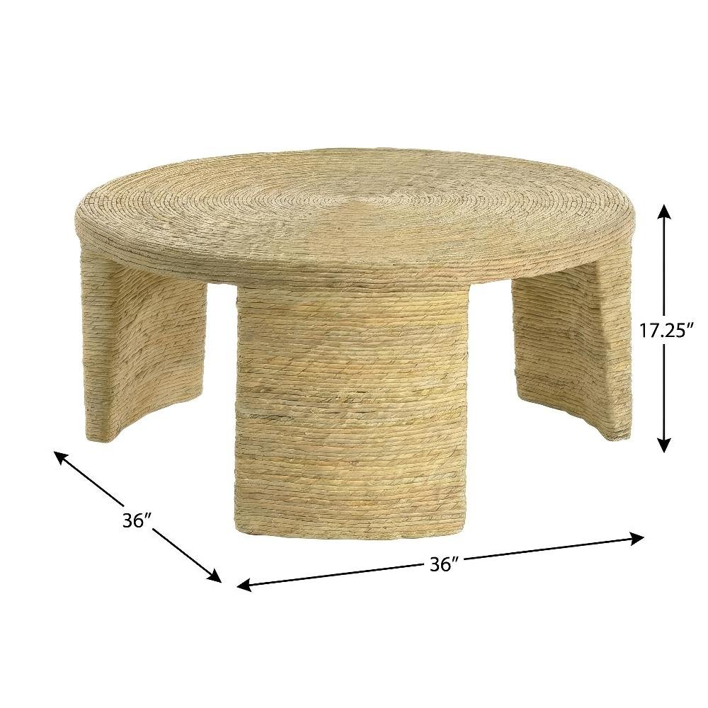 Warm Brown Round Coffee Table with Woven Rattan Surface Coastal Design