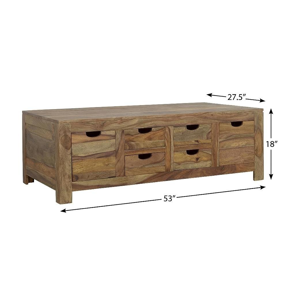 Sheesham Wood Coffee Table Brown 6-Drawer Rectangular Design