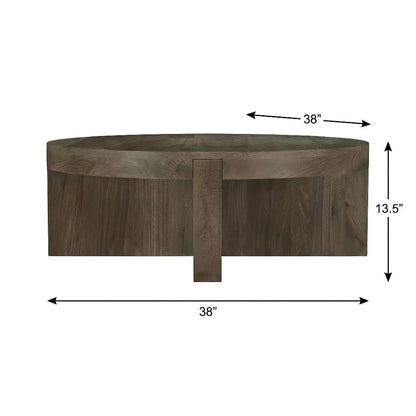 Round Brown Mango Wood Coffee Table Solid Farmhouse Design Durable Surface