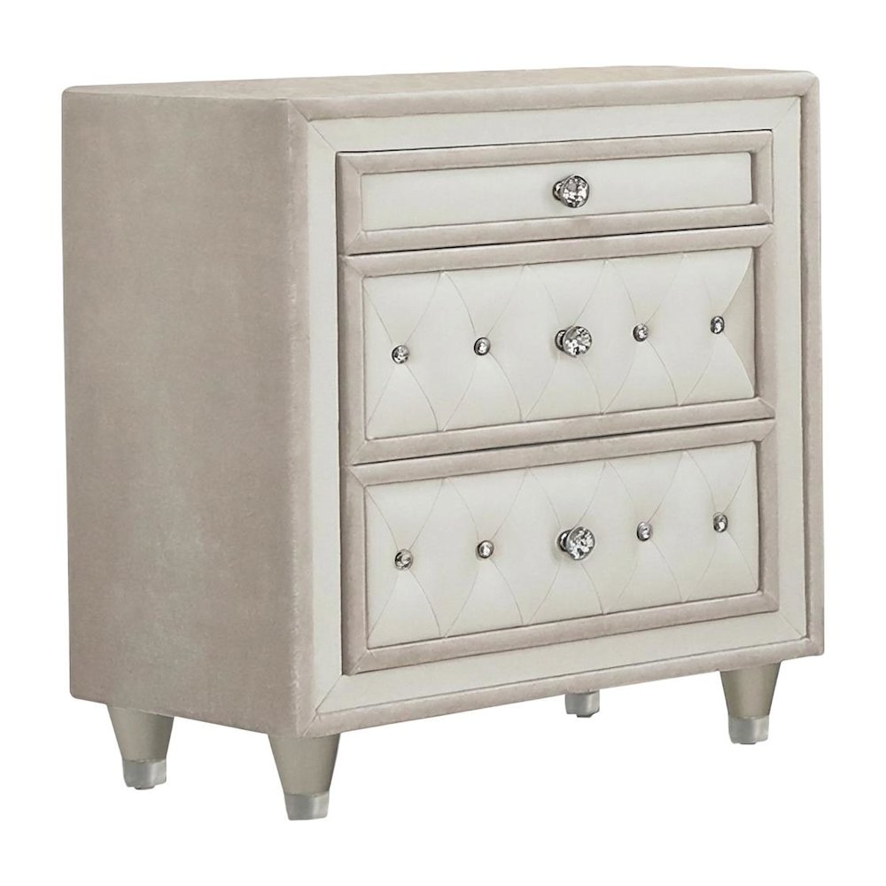 Ivory and Camel Upholstered Nightstand with 3 Drawers and Modern Design