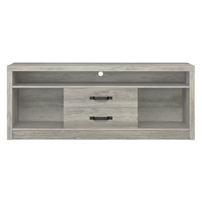 Engineered wood TV stand, two drawers in grey driftwood finish, transitional