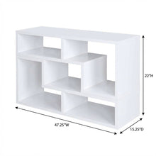 White multipurpose TV stand with open shelving and transitional style