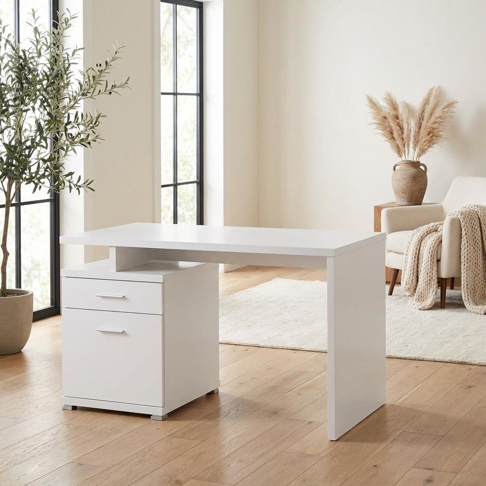 White 2-Drawer Office Computer Desk With Contemporary Style And Silver Finish