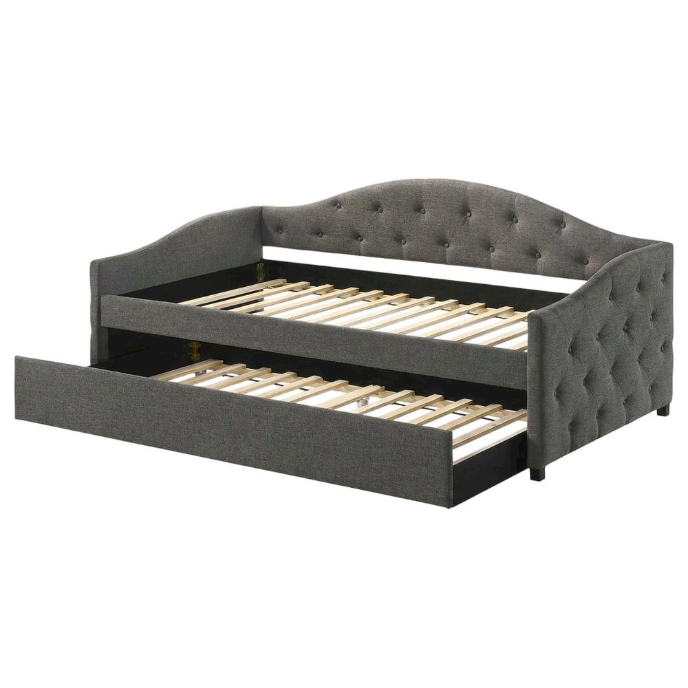 Gray Upholstered Twin Daybed With Trundle And Wooden Legs