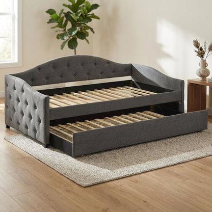 Gray Upholstered Twin Daybed With Trundle And Wooden Legs