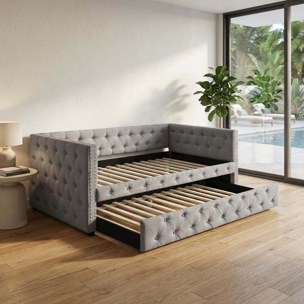 Gray Upholstered Twin Daybed With Trundle, Modern Classic Design
