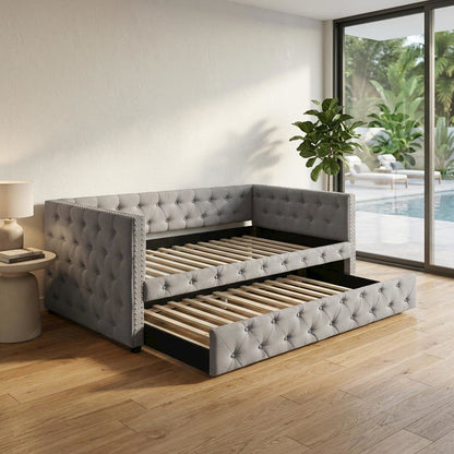 Gray Upholstered Twin Daybed With Trundle, Modern Classic Design