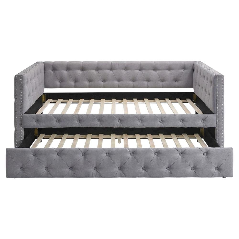 Gray Upholstered Twin Daybed With Trundle, Modern Classic Design