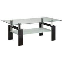 Rectangular Black Glass Top Coffee Table with 1 Shelf for Living Room