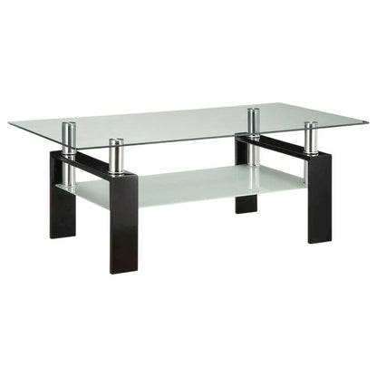 Rectangular Black Glass Top Coffee Table with 1 Shelf for Living Room