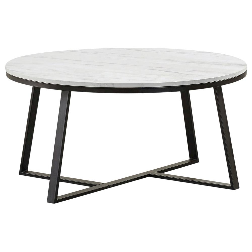 Contemporary Round Faux Marble Coffee Table with White and Matte Black Finish