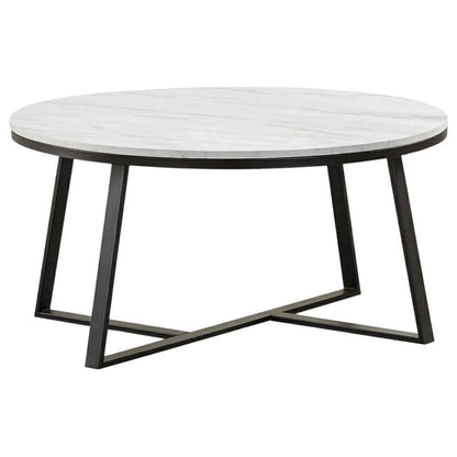 Contemporary Round Faux Marble Coffee Table with White and Matte Black Finish