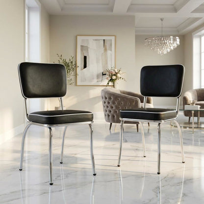 Set of 2 Stylish Black and Chrome Dining Chairs Inspired by Retro Diner Design