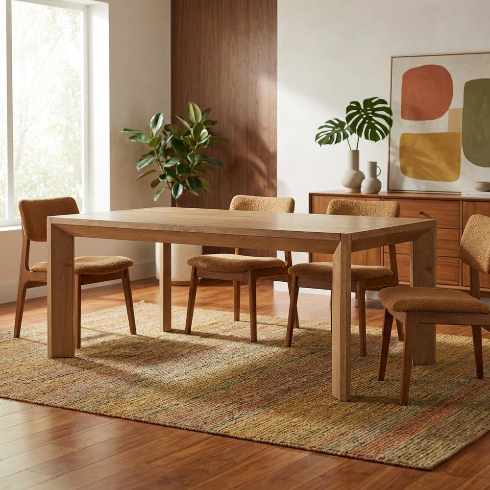 Natural Brown Rectangular Dining Table, Contemporary Wood, Seats 6