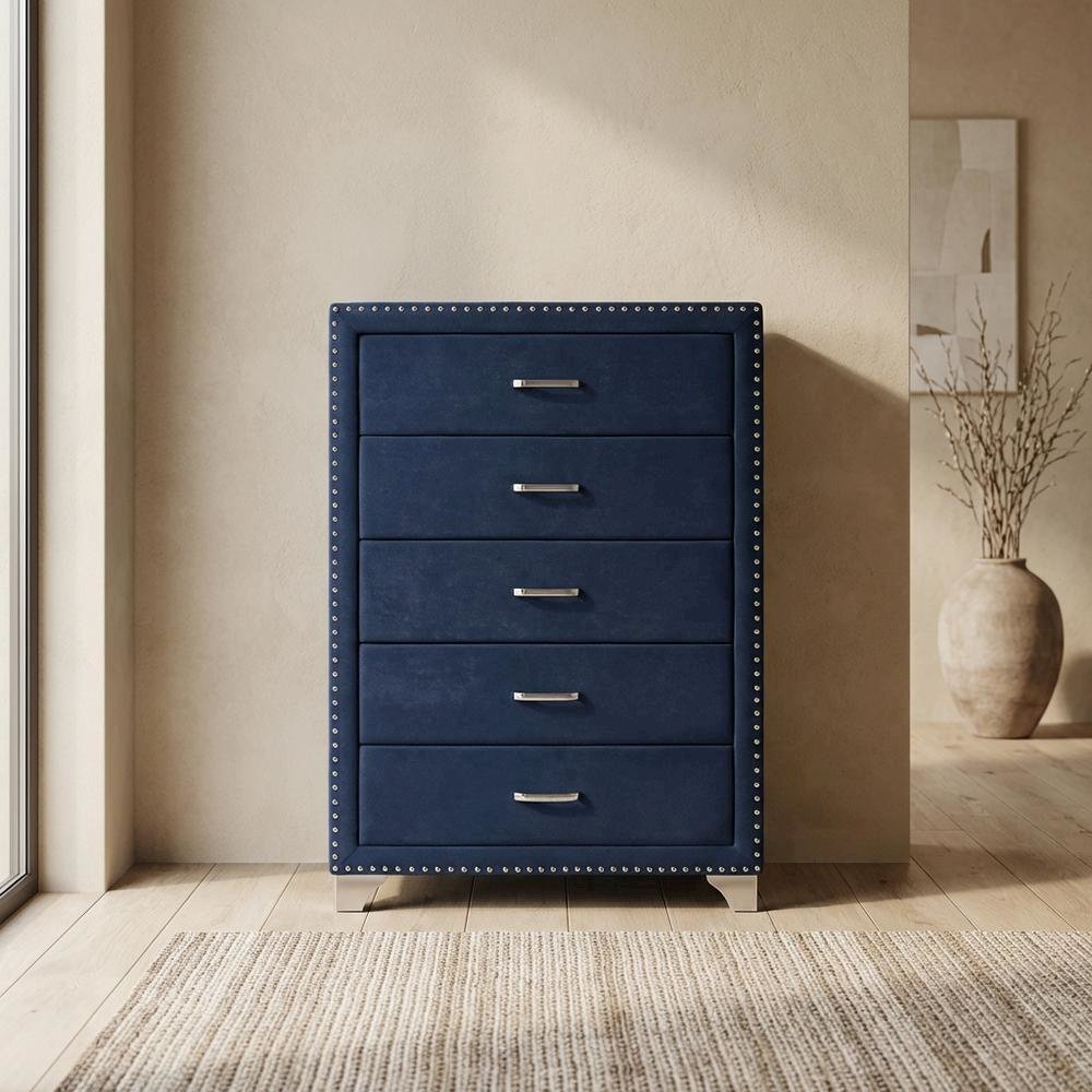 Pacific Blue 5-Drawer Bedroom Chest, Upholstered, Chrome Legs, 35 Inch