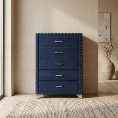 Pacific Blue 5-Drawer Bedroom Chest, Upholstered, Chrome Legs, 35 Inch