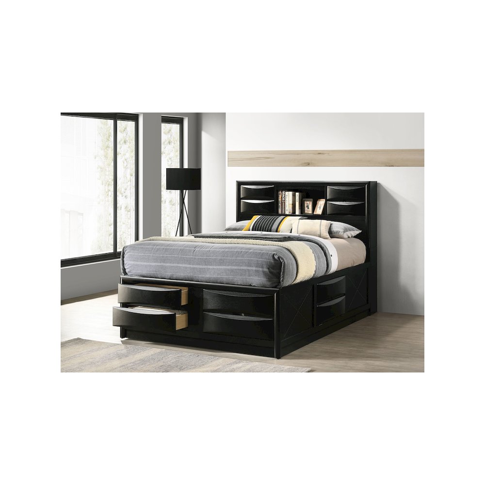 Briana Wood Queen Storage Bookcase Bed Black