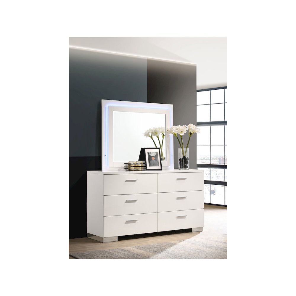 Felicity 6-drawer Dresser with LED Mirror White High Gloss