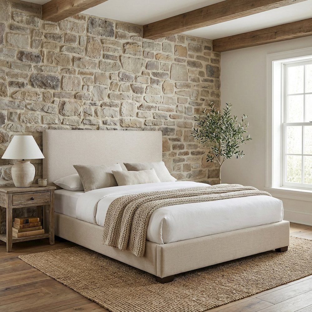 Ivory Upholstered Queen Full Panel Headboard, Polyester Fabric