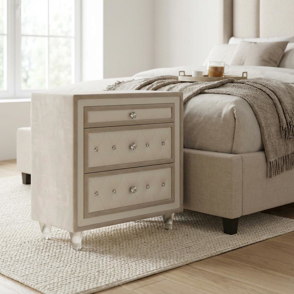 Ivory and Camel Upholstered Nightstand with 3 Drawers and Modern Design